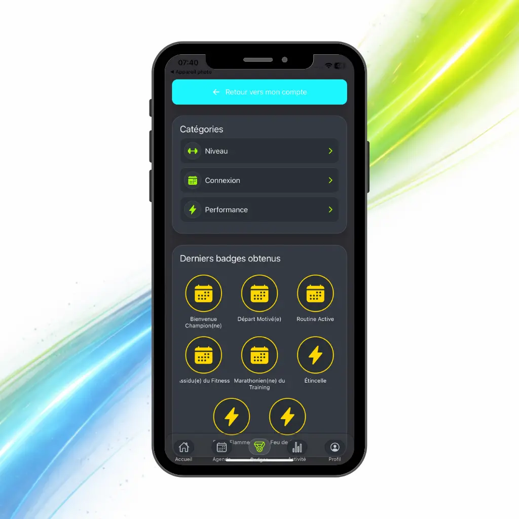 Écran réel des badges et niveaux de motivation BeWellSports