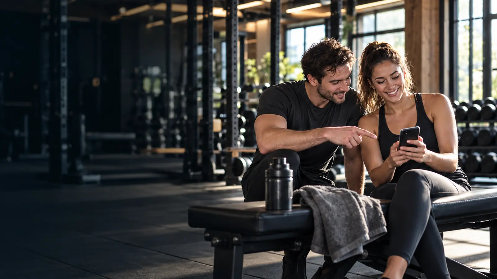 Deux sportifs échangent autour d’un smartphone dans une salle de sport