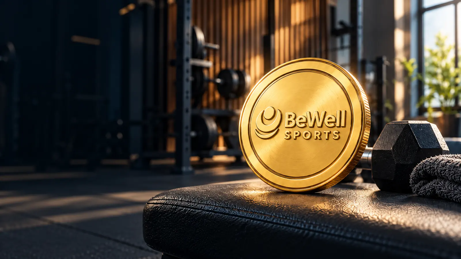 Pièce BeWellCoin dorée sur un banc de musculation, à côté d’un haltère