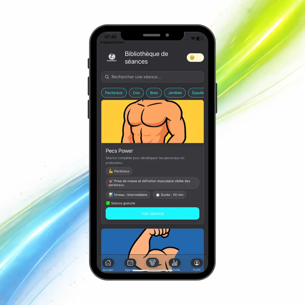 Écran réel de la bibliothèque de séances dans BeWellSports