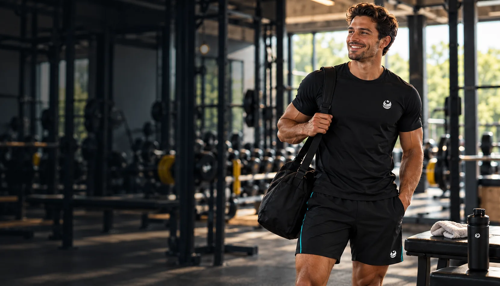 Sportif en tenue BeWellSports dans une salle de sport, illustration de l’univers de la future collection