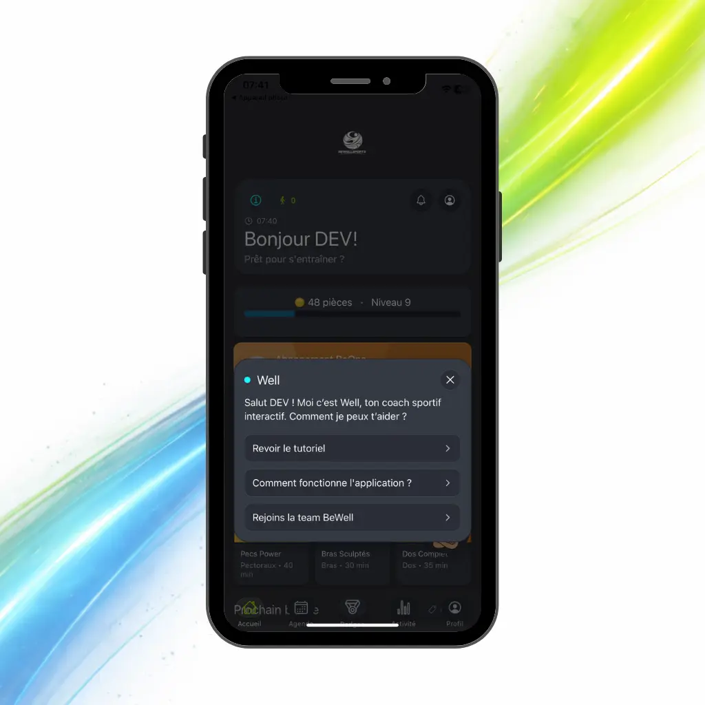 Application smartphone gratuite BeWellSports affichée sur un téléphone mobile
