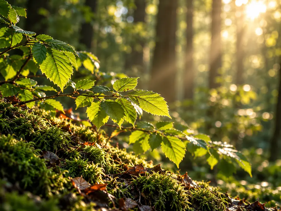 Feuillage et mousse dans une forêt ensoleillée