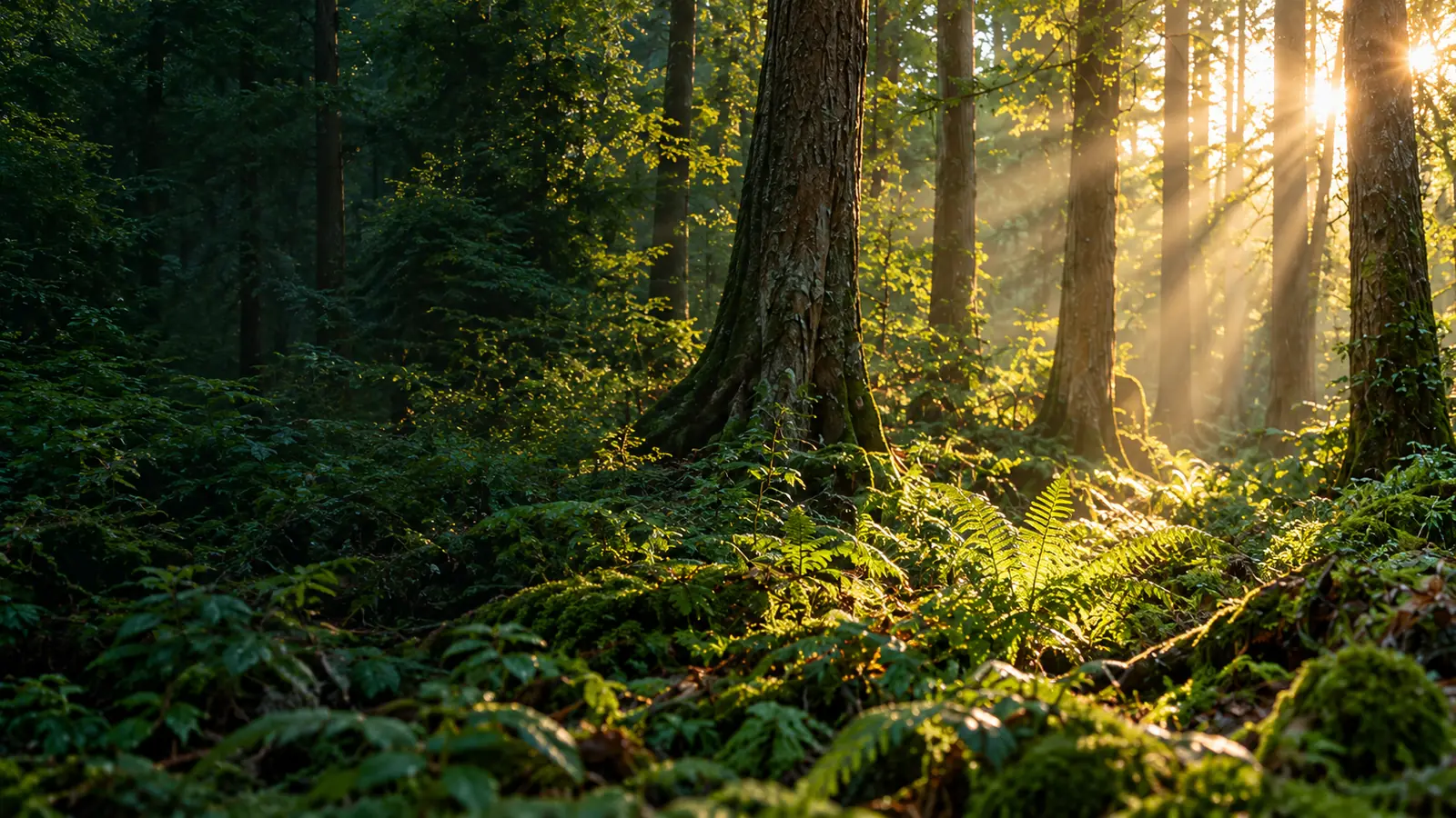 Forêt et fougères éclairées par la lumière du matin
