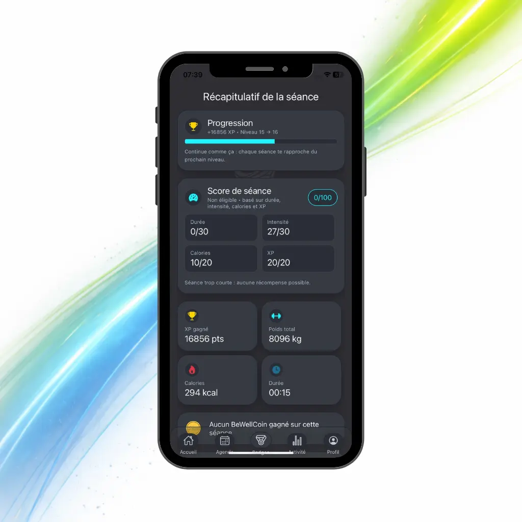 Récapitulatif de séance BeWellSports avec score, XP, calories et poids total