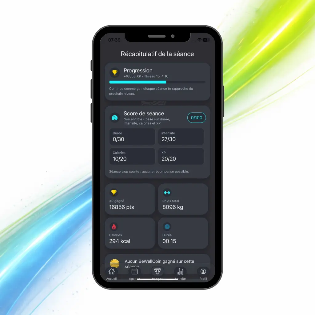Écran réel du résumé de séance et du score de performance BeWellSports