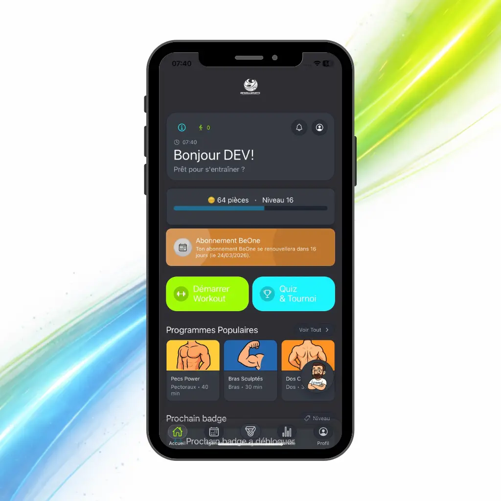 Tableau de bord sportif BeWellSports avec progression, rappels et accès rapides