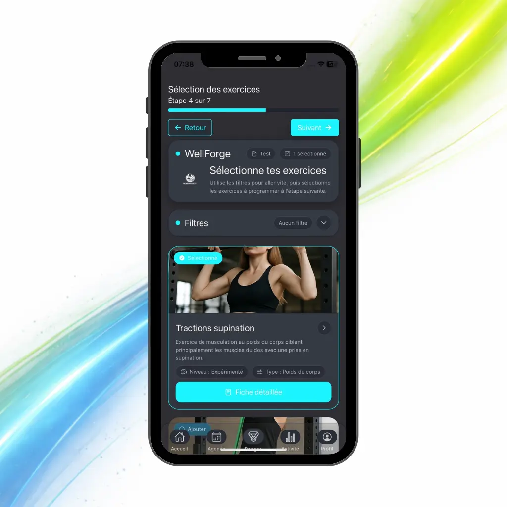 Écran réel de WellForge pour créer une séance de musculation dans BeWellSports