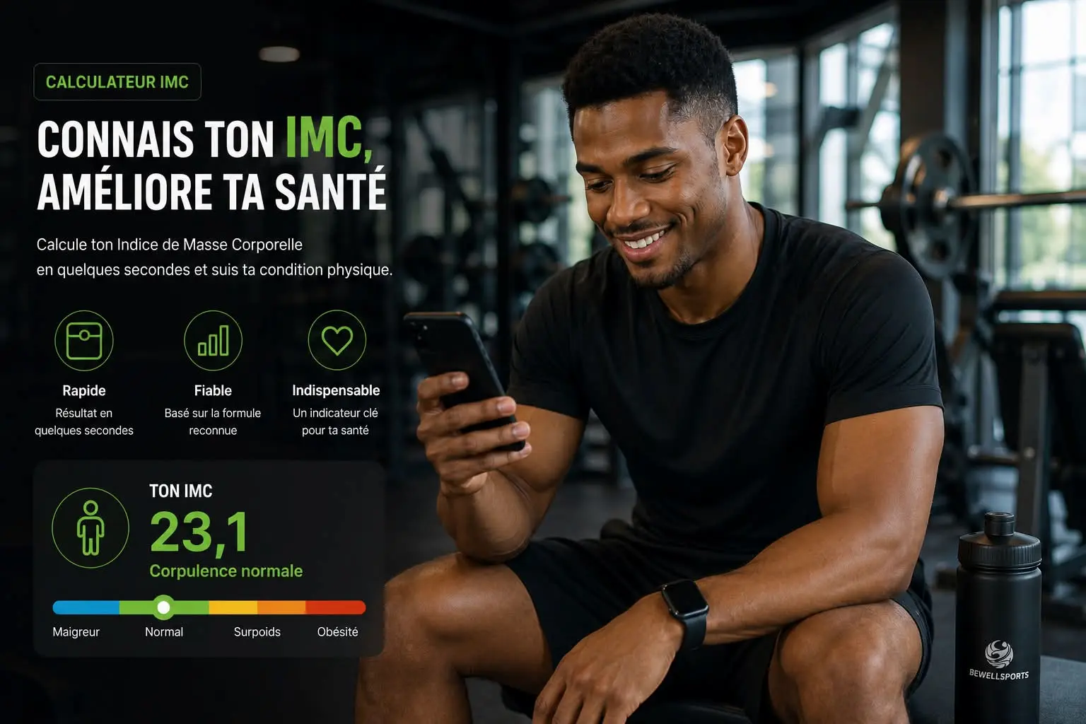 Calculateur IMC gratuit BeWellSports avec exemple de résultat