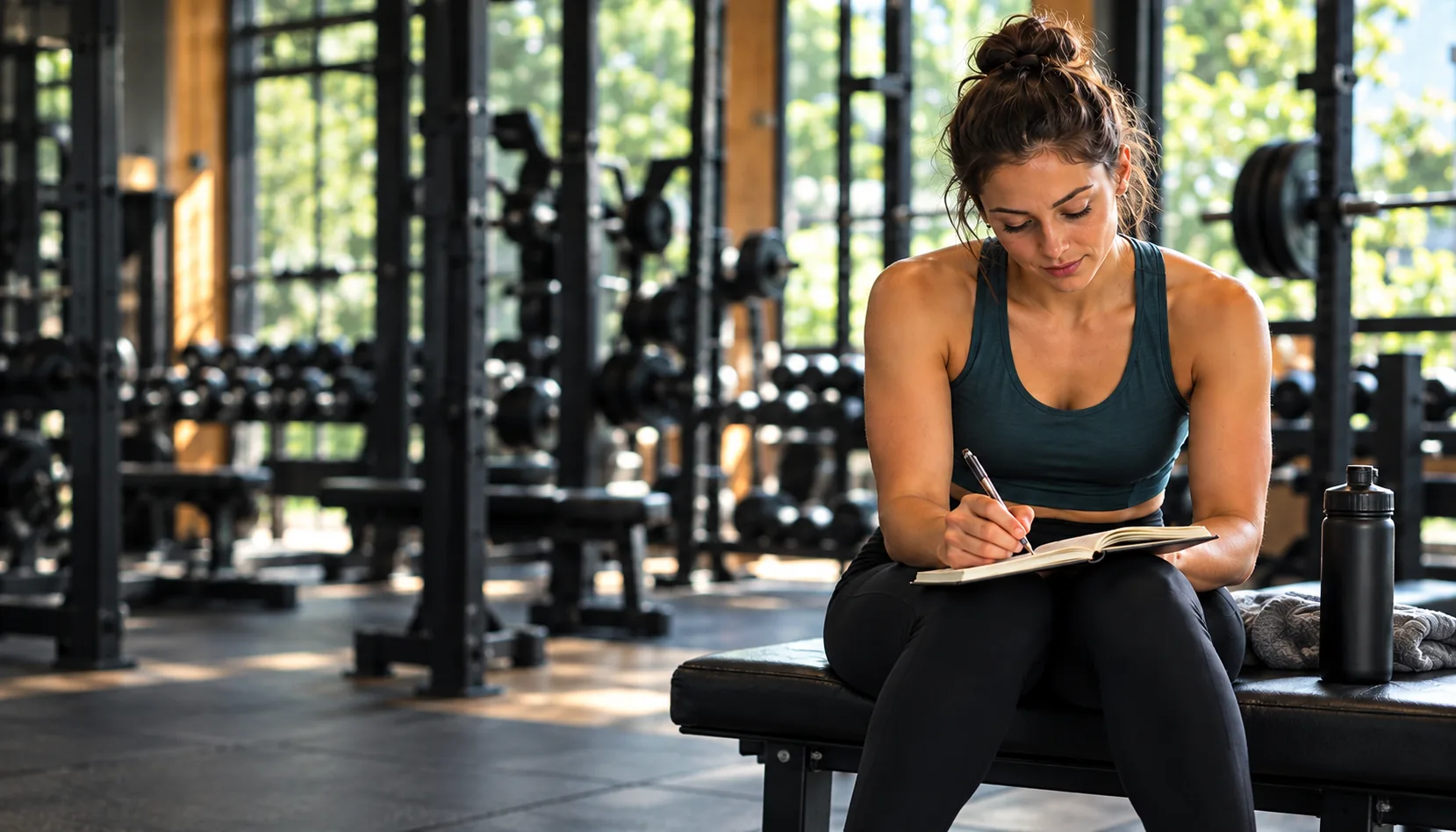 Sportive notant ses repères d’entraînement dans un carnet, dans une salle de sport lumineuse