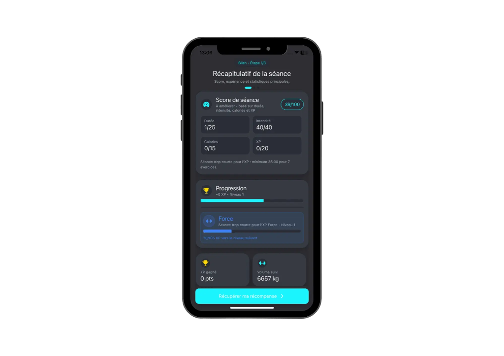 Étape 7 de WellForge : bilan de séance avec score, progression et statistiques