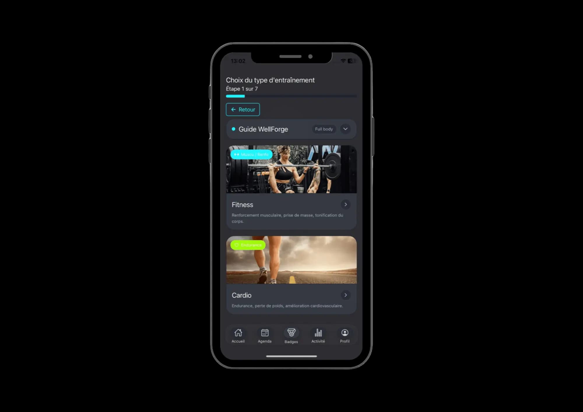 Étape 1 de WellForge : choix entre Fitness et Cardio