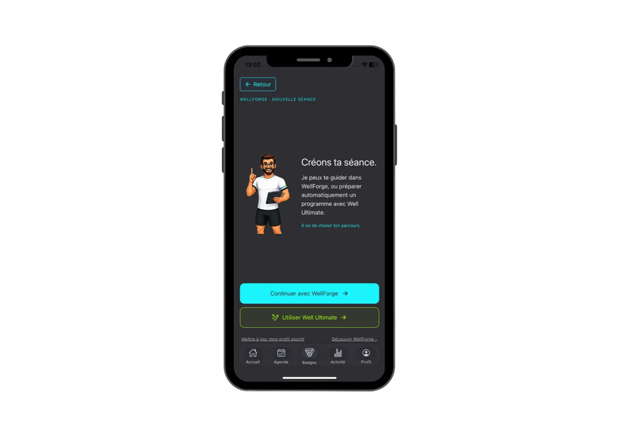 Écran de départ de WellForge pour créer une nouvelle séance dans BeWellSports