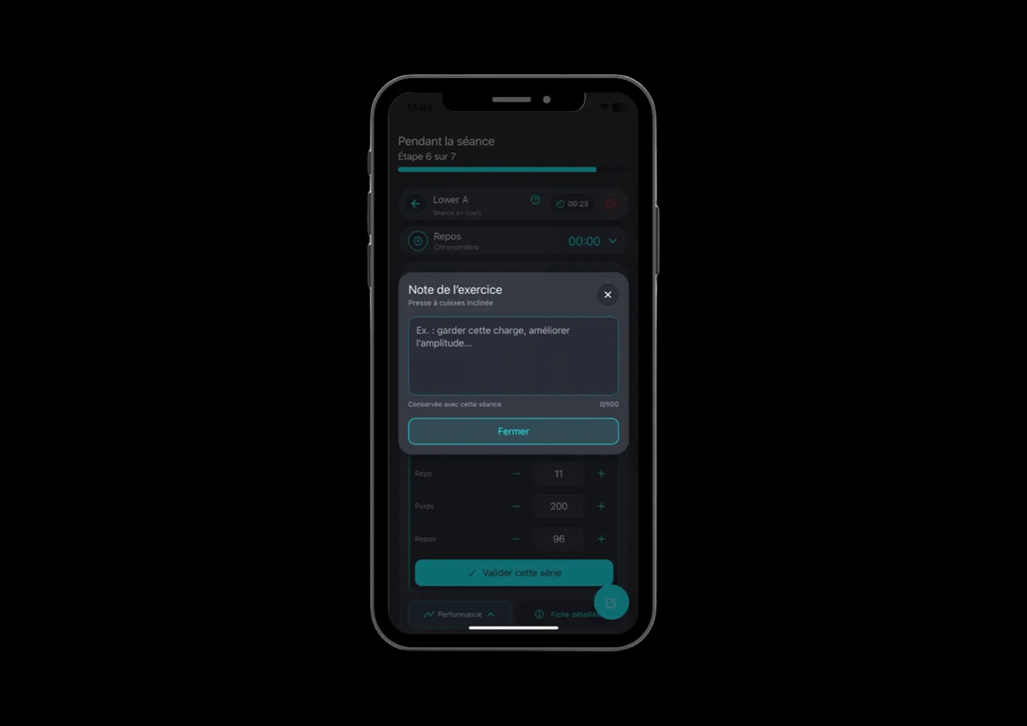 Ajout d’une note personnelle à un exercice pendant une séance WellForge