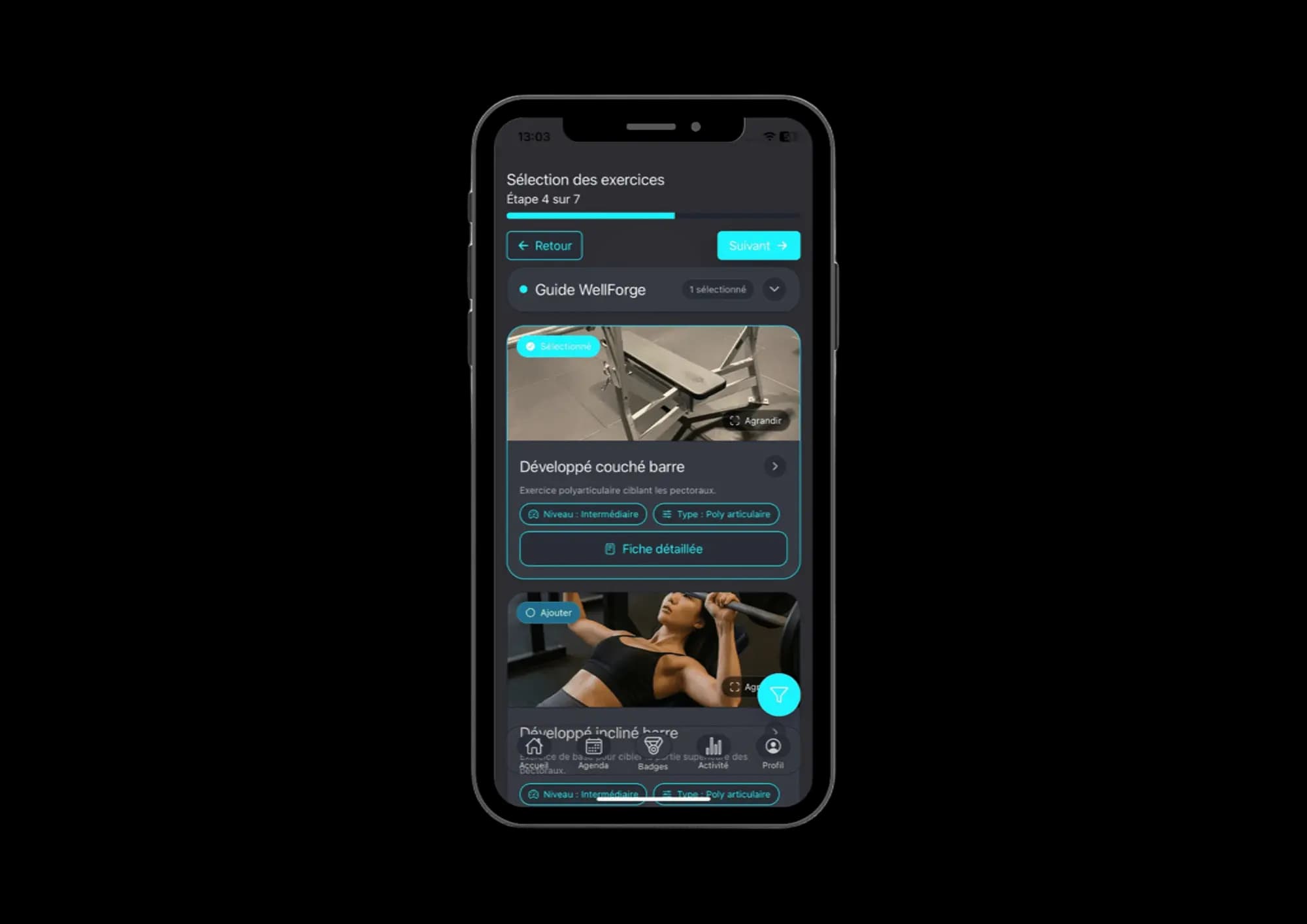 Étape 4 de WellForge : sélection des exercices et consultation de leurs fiches