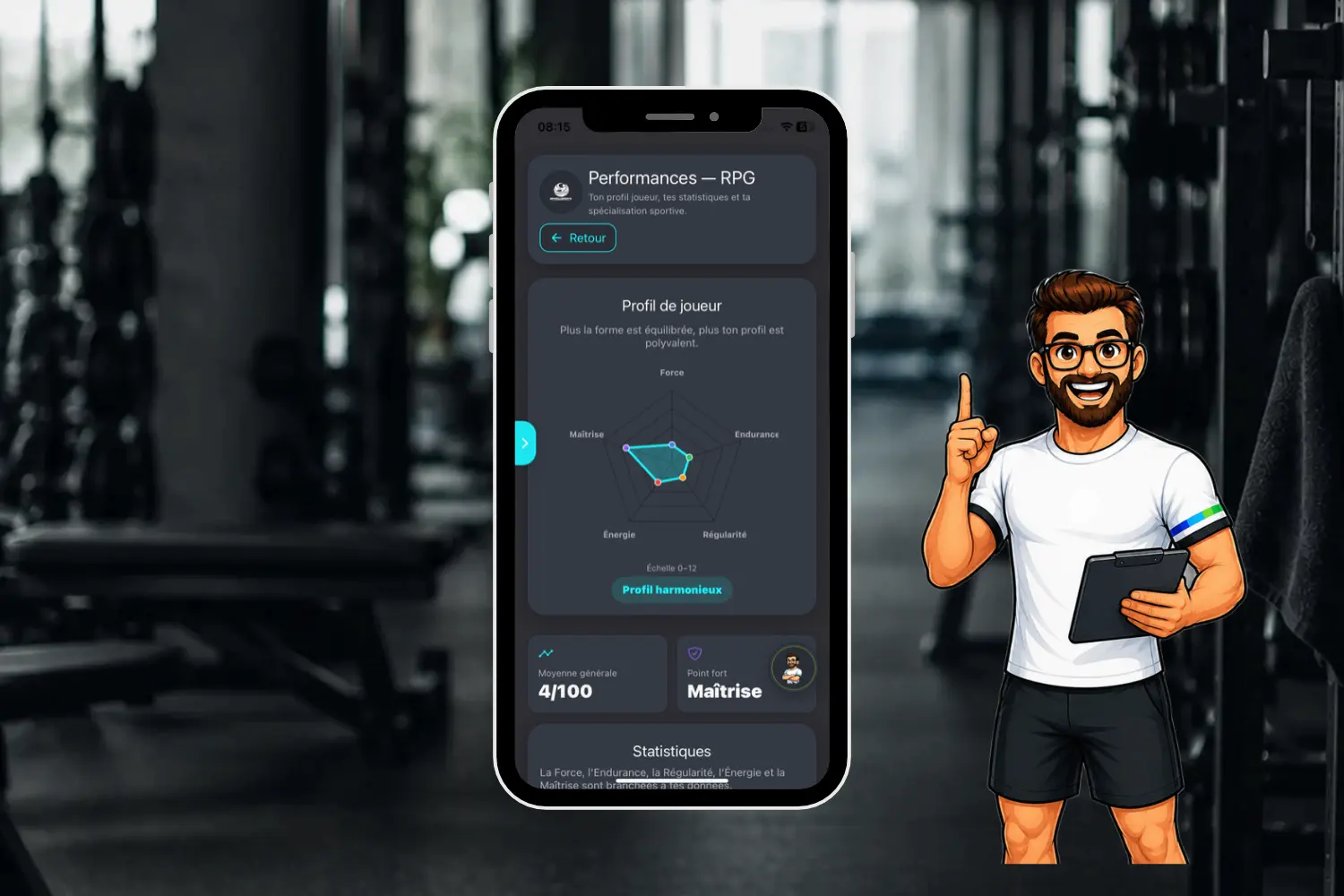 Écran WellStats de BeWellSports présentant les axes Force, Endurance, Régularité, Énergie et Maîtrise du profil sportif