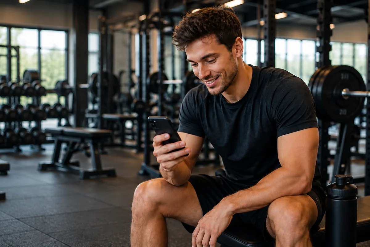 Sportif consultant son téléphone en salle pour préparer ses charges avec le calculateur 1RM