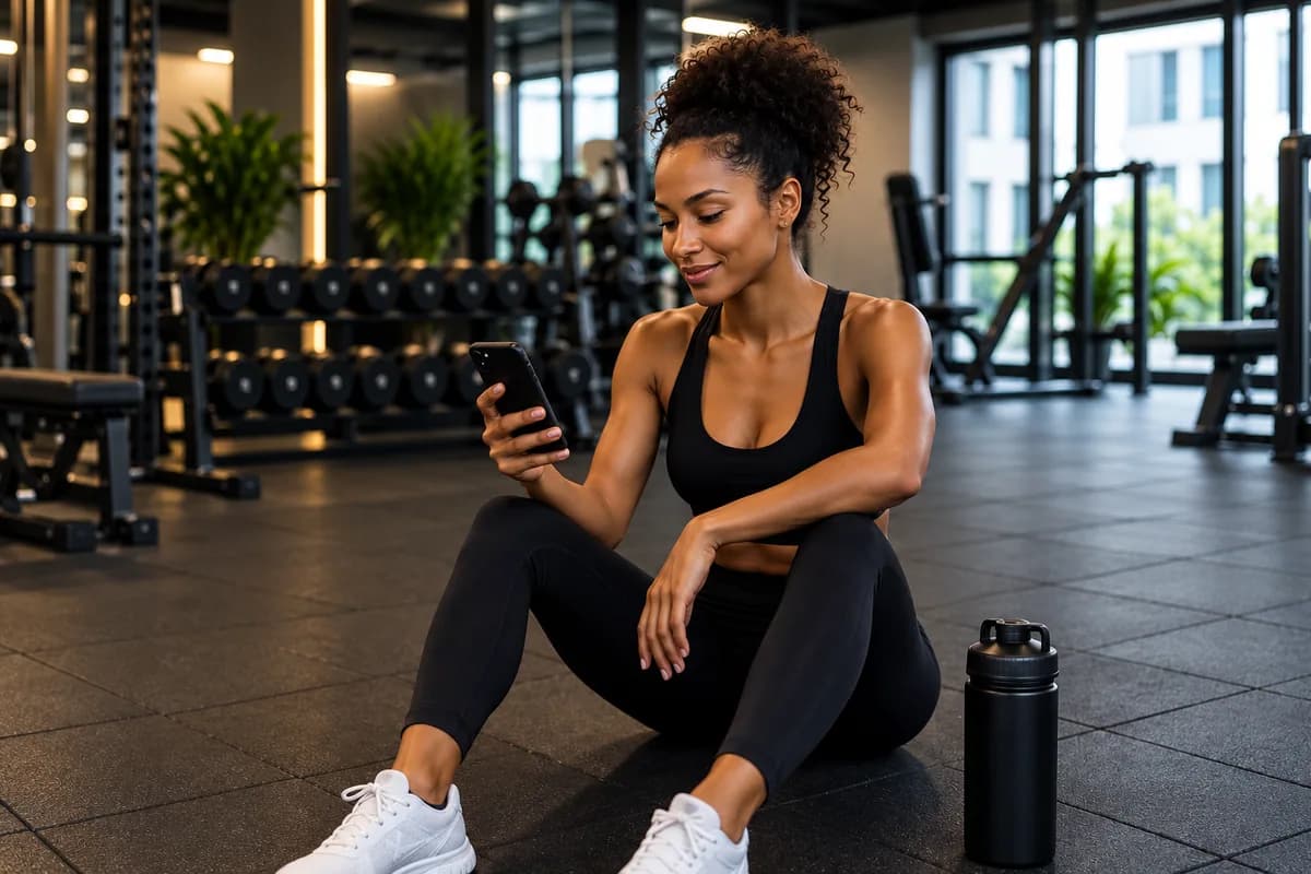 Sportive consultant son téléphone en salle pour estimer ses besoins en calories