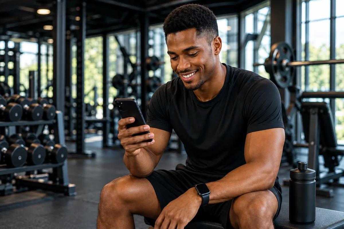 Sportif consultant son téléphone pour comprendre son profil avec le calculateur IMC