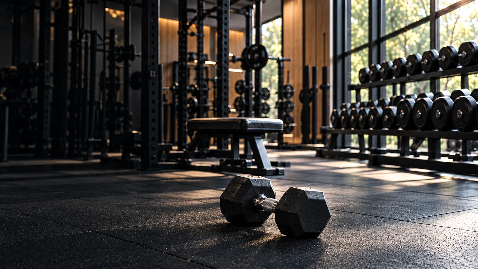 Haltère et rangées de poids dans une salle de musculation