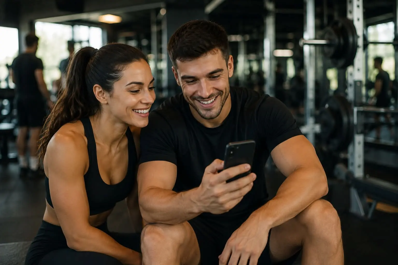 Deux sportifs consultant l’application BeWellSports dans une salle de sport