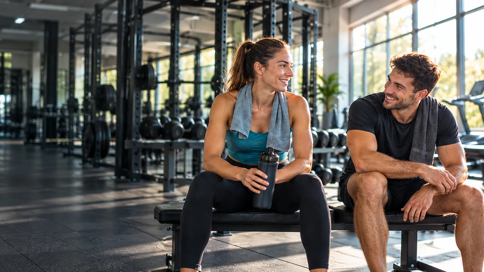 Deux sportifs échangent entre deux exercices dans une salle lumineuse